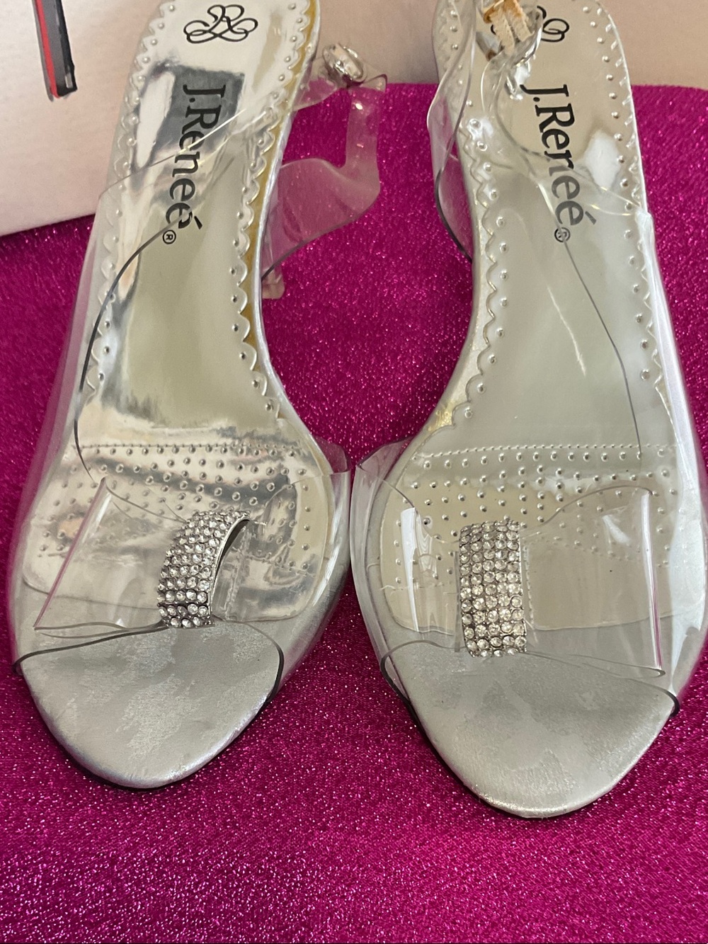 J.Renee Silver Clear Strap Rhinestone Toe Loop Heels